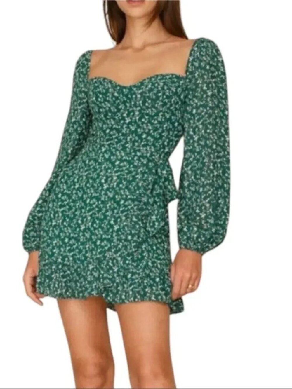 Reformation Cammi Long Sleeve Minidress Green Floral Size 0 Wrap skirt